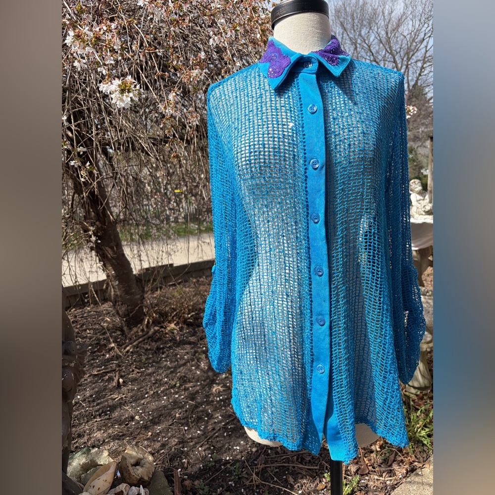 Picadilly Fashion Teal Open-Knit Sheer Top